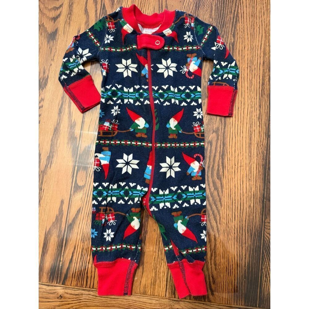 Hanna Andersson Blue Red Gnomes Print Christmas Sleeper Footie Size 3-6 Months